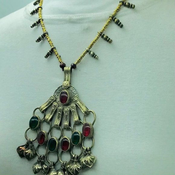 Pendant Necklace, Tribal Big Pendant With Red and Green Glass Stones and Beaded - Picture 6 of 11